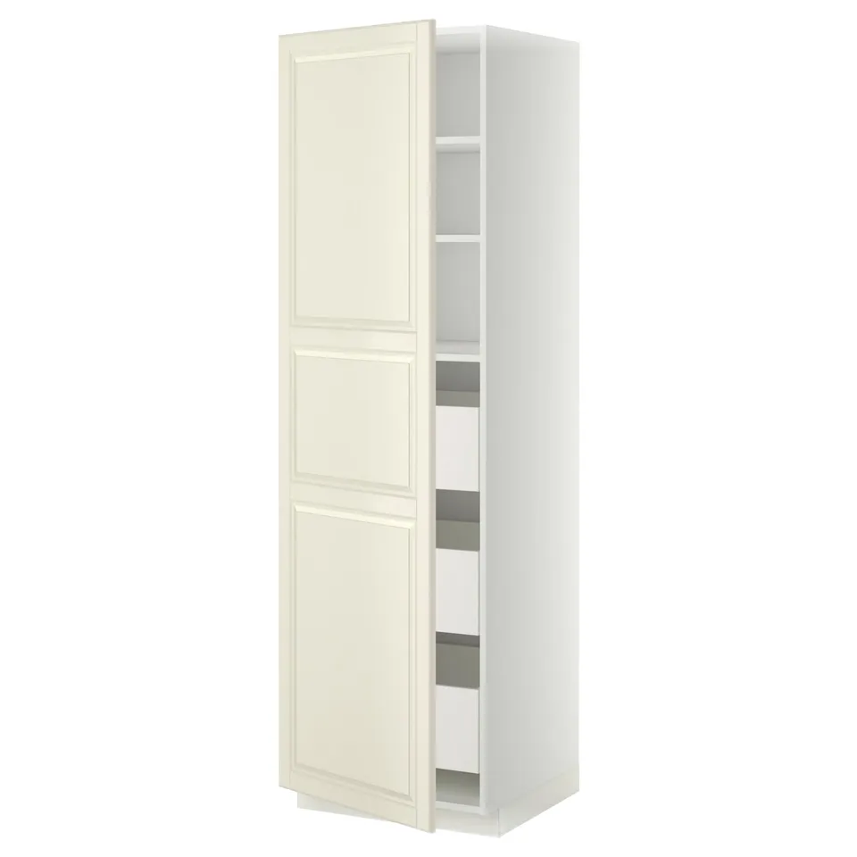 METOD kitchen cabinet with off-white bodbyn fronts, tall with shelves, modern design.