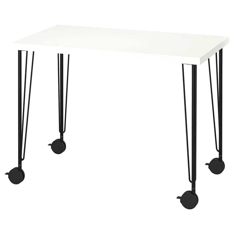 A LINNMON white desk with black metal legs and casters. The design is modern and functional.