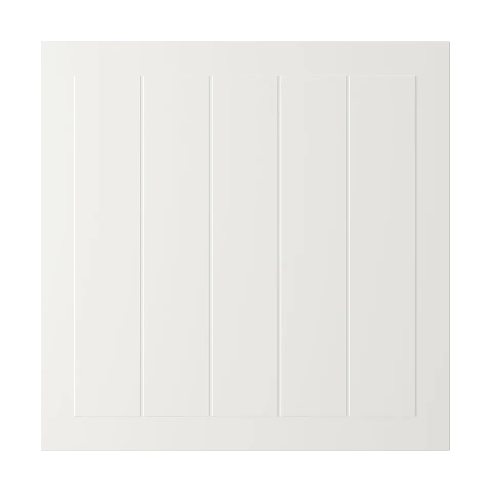 A white STENSUND cabinet door with vertical grooves and a smooth finish.