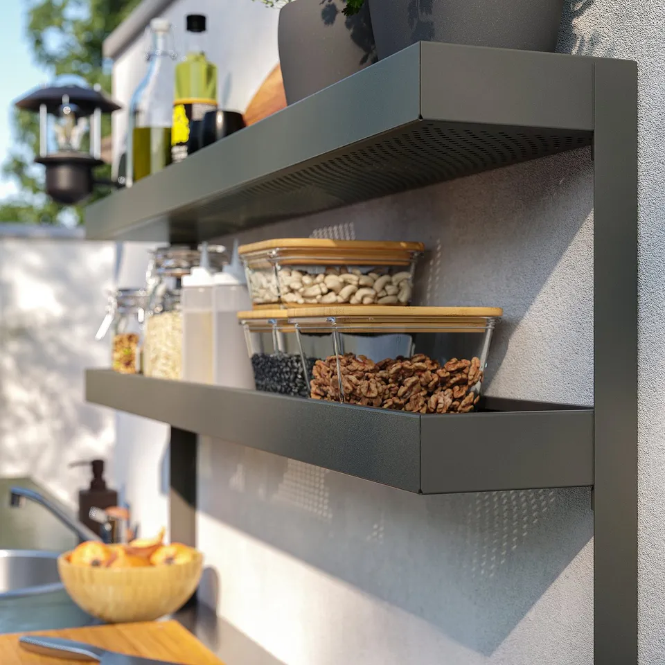 Modern outdoor kitchen shelves with nuts, fruits, and jars, featuring perforated design to drain water, ideal for storing food and cooking utensils.