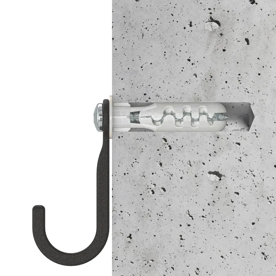 A hook with a clear plastic expandable sleeve, designed for hanging items indoors, with screws for secure attachment.
