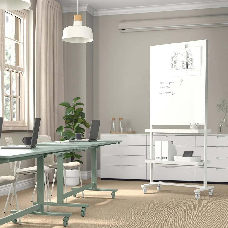 MITTZON mobile whiteboard partition with lock wheels and shelves