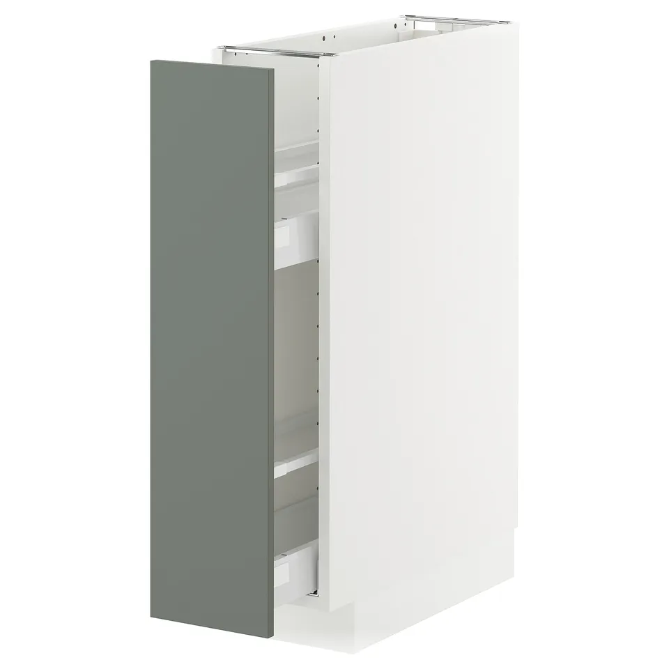 METOD kitchen cabinet in greyish-green, modern design with open shelves.
