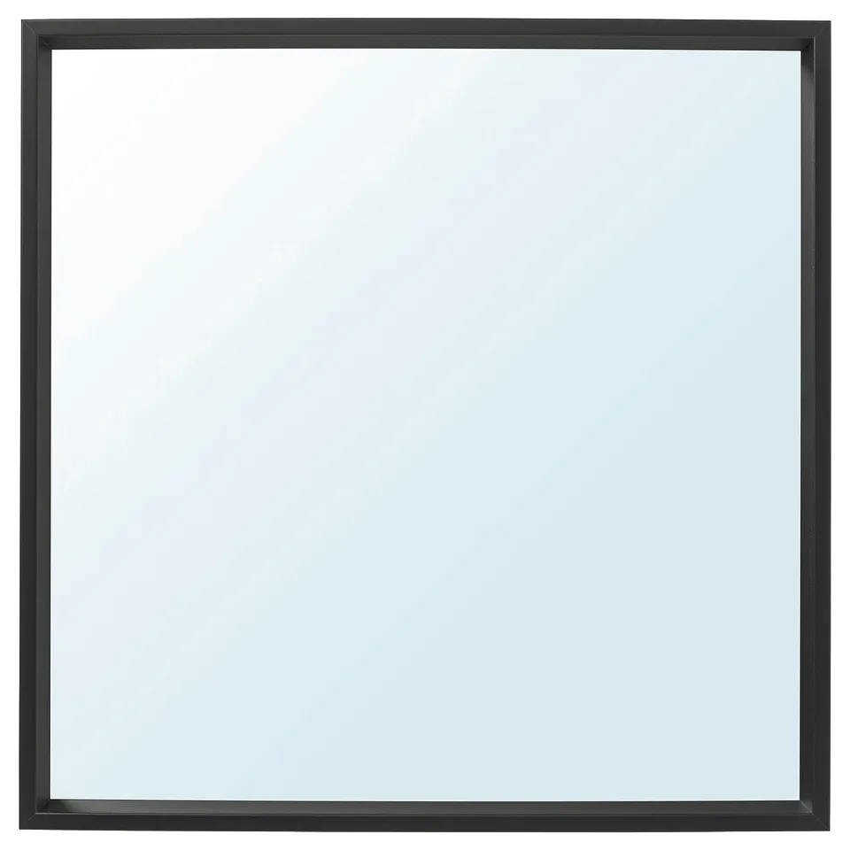 Black NISSEDAL square mirror, minimalist design, fiberboard frame, glass centre, fits various rooms.