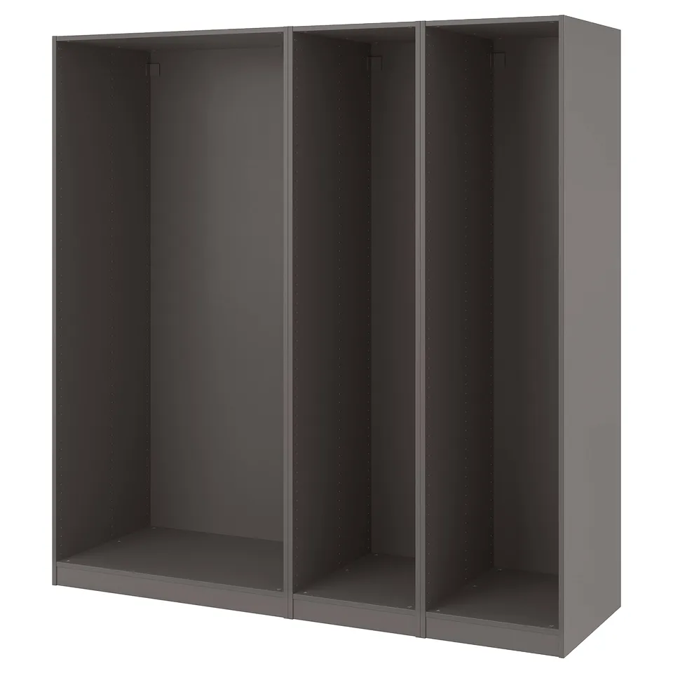 Dark grey PAX wardrobe frame, modern, 3 open compartments.