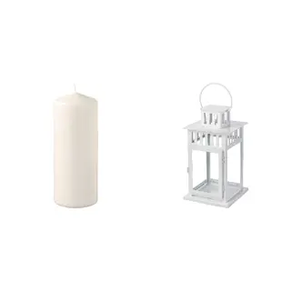 BORRBY/FENOMEN set: unscented pillar candle + lantern for block candle, natural + in/outdoor white, 14 cm 45 hr