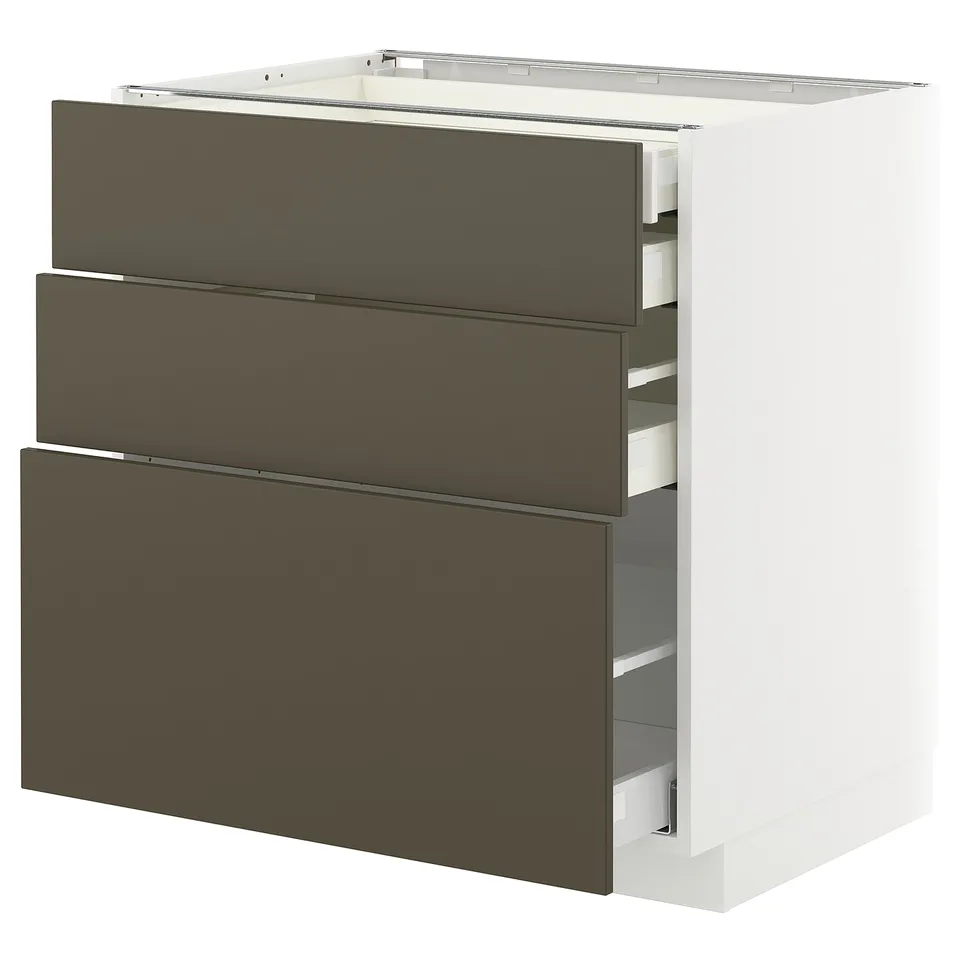 METOD kitchen storage unit with 3 dark grey drawers. Clean, modern design. White frame. Sturdy and sleek.