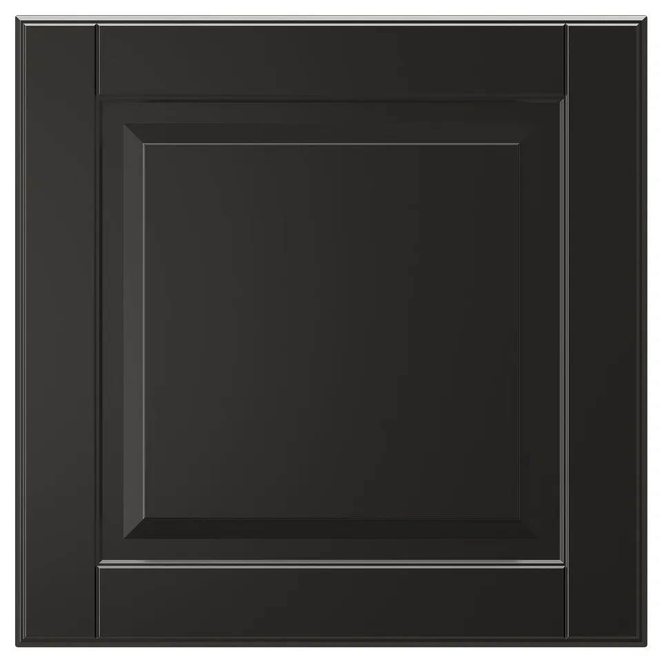 A black BODBYN cabinet door with a square, bevelled panel design. Its smooth and glossy with a modern, sleek look.
