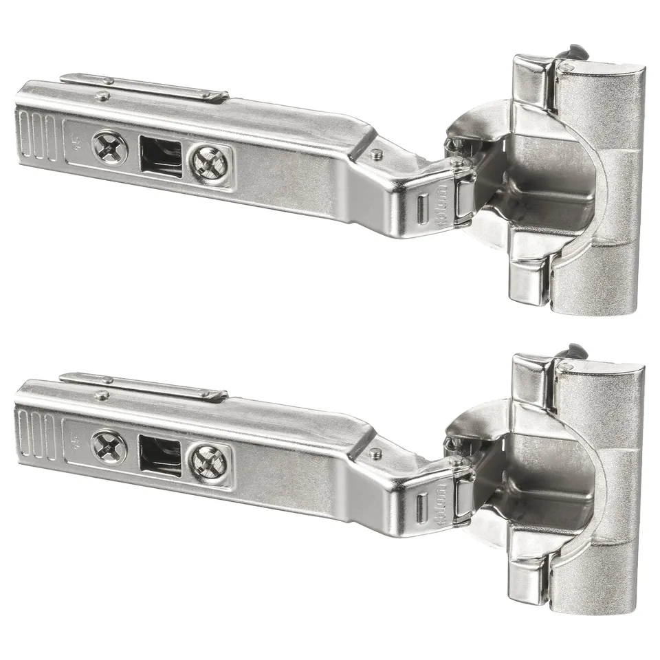 Two pairs of UTRUSTA silver snap-on hinges; sleek, adjustable, nickel-plated steel for cabinet doors.