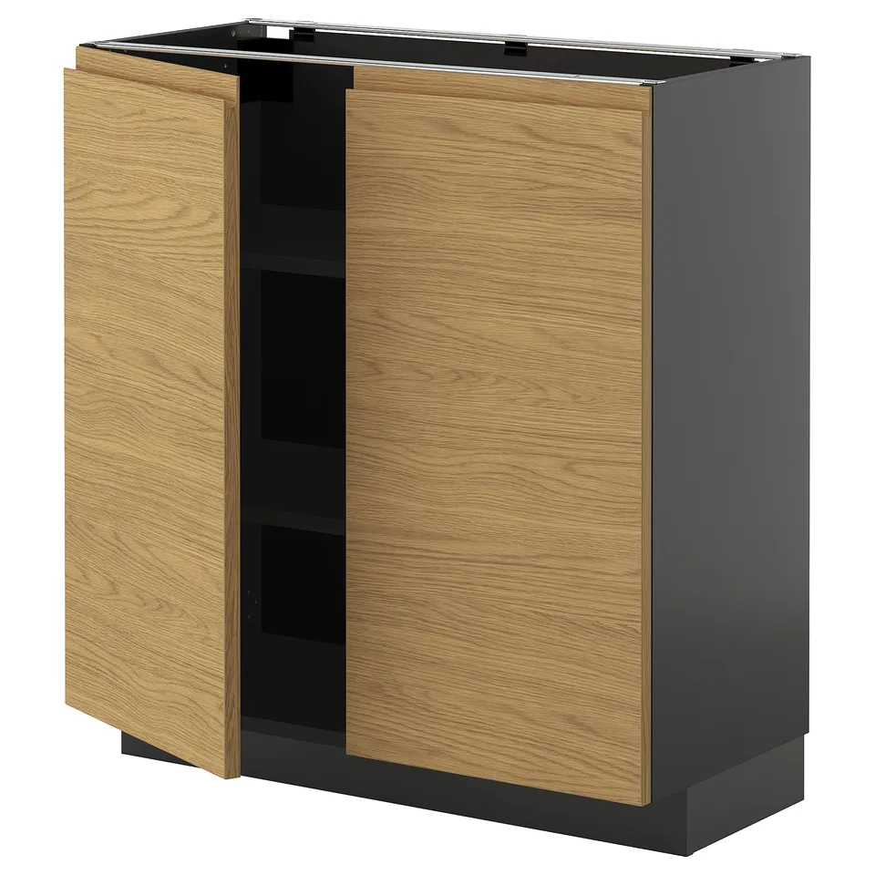 Modern kitchen cabinet: METOD with oak-style wooden doors, grey frame, 2-tier shelf.