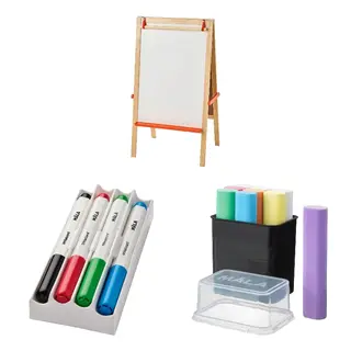 MÅLA set: easel + whiteboard pen with holder/eraser + chalks, softwood + mixed colours, Height 112 x Width 48 x Length 66 cm