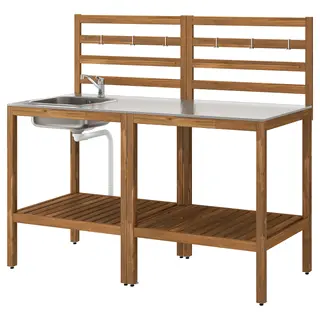 NÄMMARÖ kitchen with sink unit, outdoor, light brown stained/stainless steel, 160x62 cm