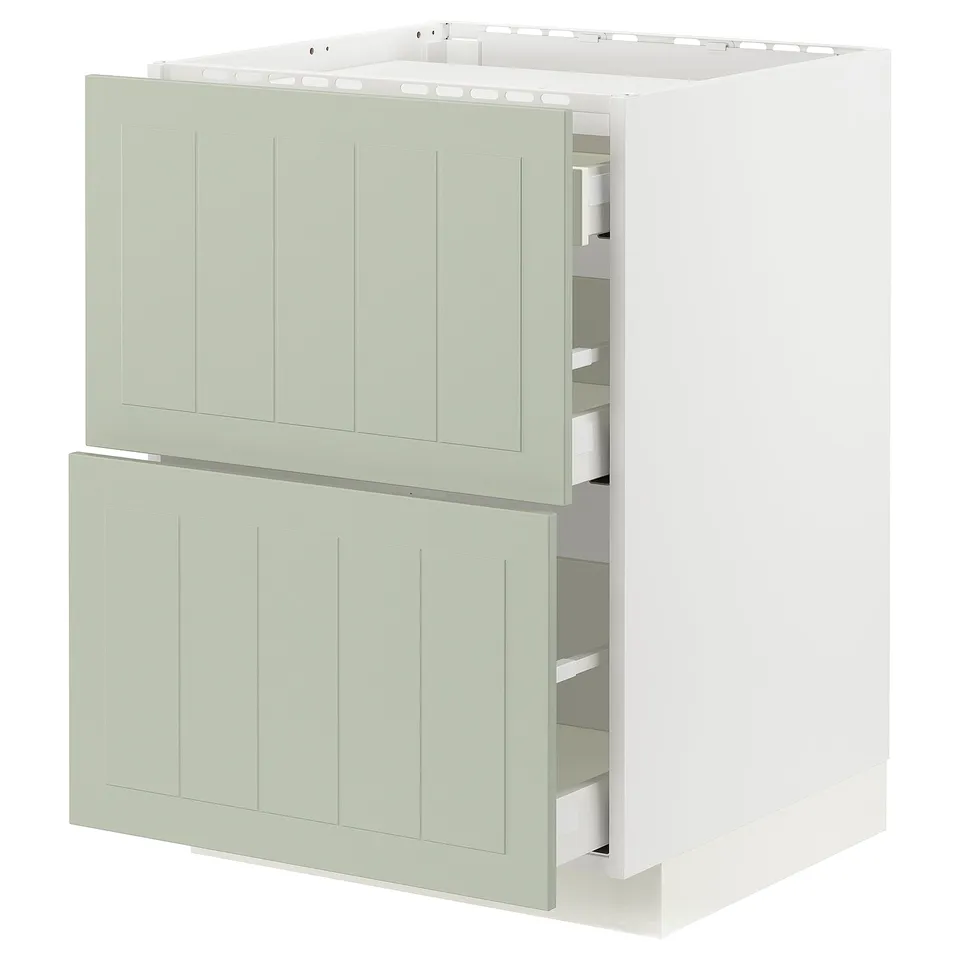 A white METOD kitchen cabinet with green stensund drawer fronts. It has two drawers and is designed with a modern, clean aesthetic.