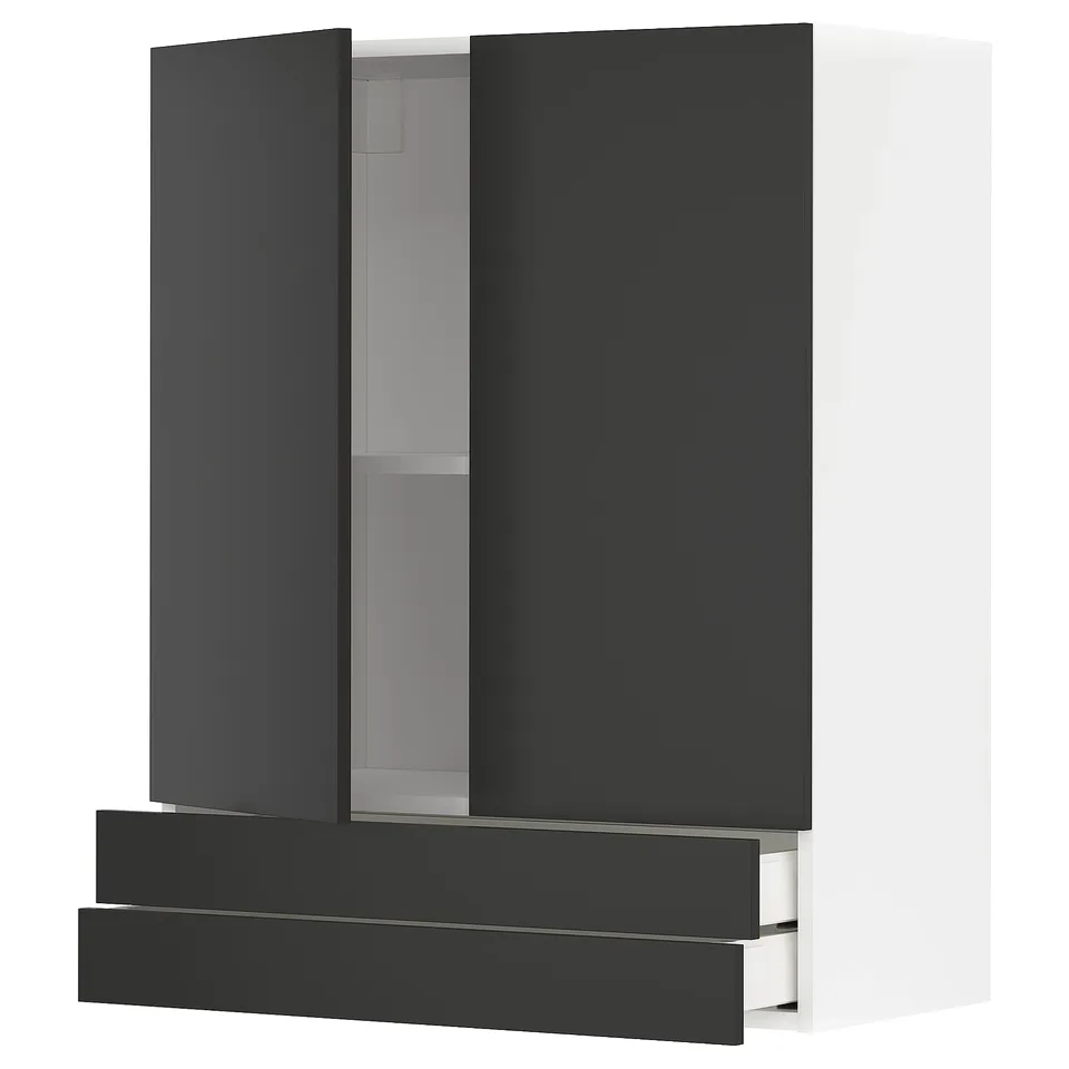 Modern kitchen cabinet in black. Sleek design with two doors and two drawers. Matt finish, sturdy particleboard construction, adjust shelf inside.
