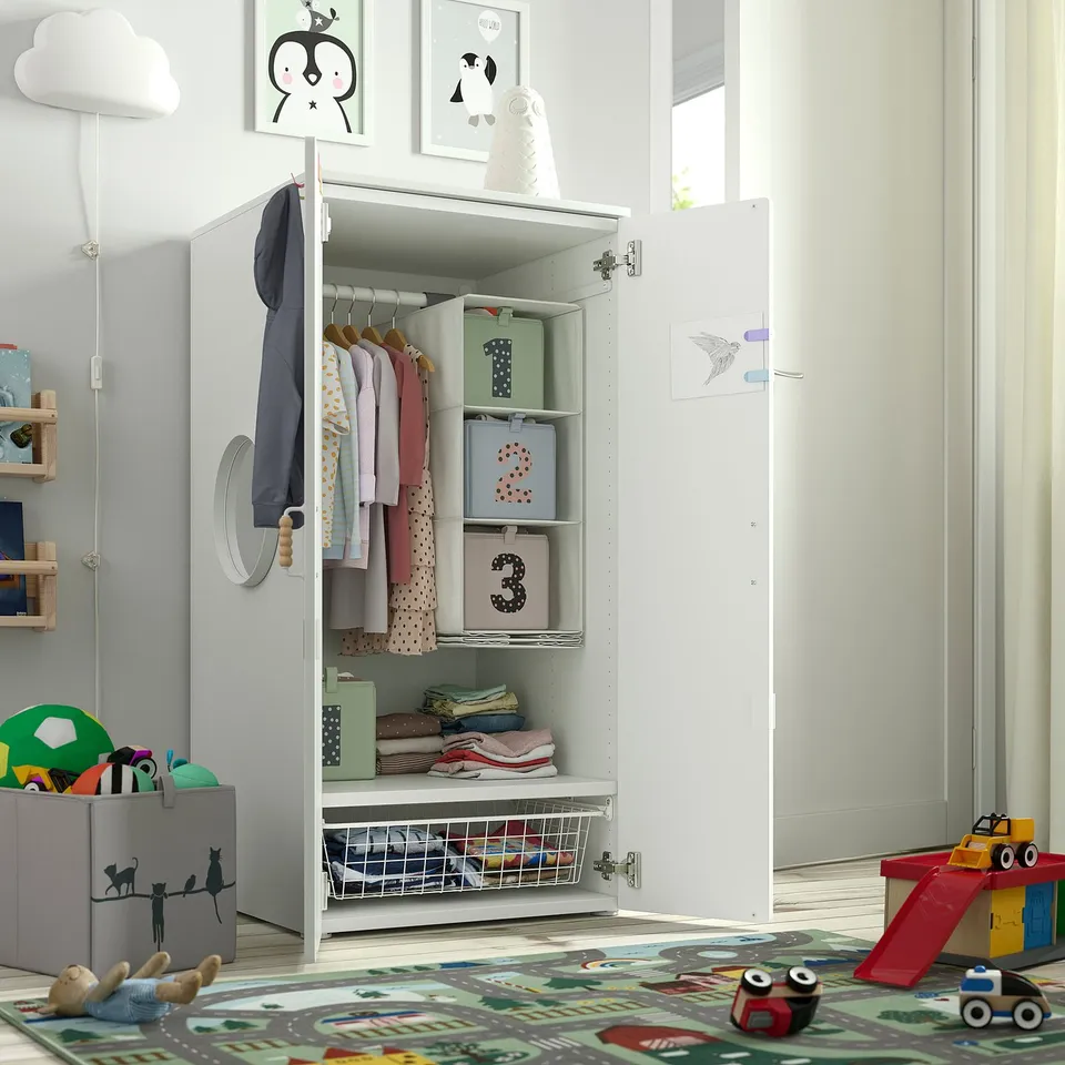 Kids wardrobe with clothes, toys, clear storage, height for kids.
