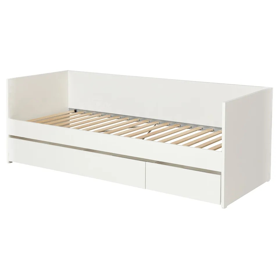White VIHALS daybed with storage, minimalist design, wooden slats, clean lines.