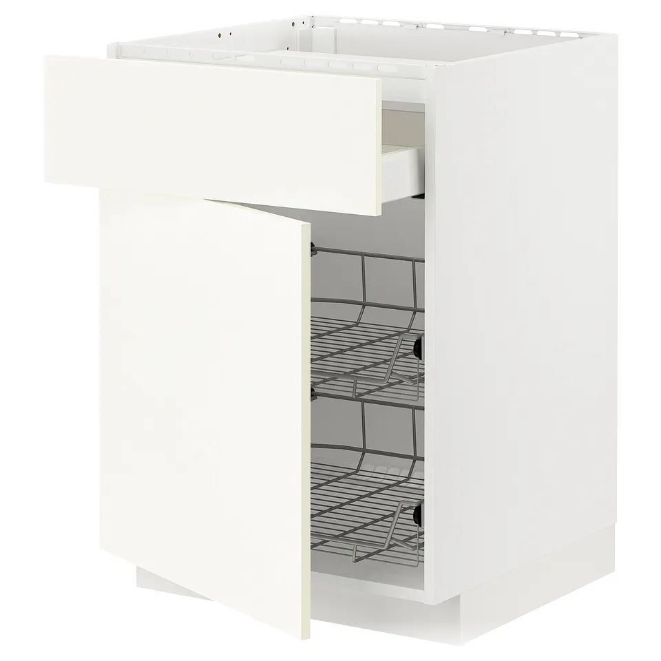White METOD kitchen cabinet with pull-out wire baskets.