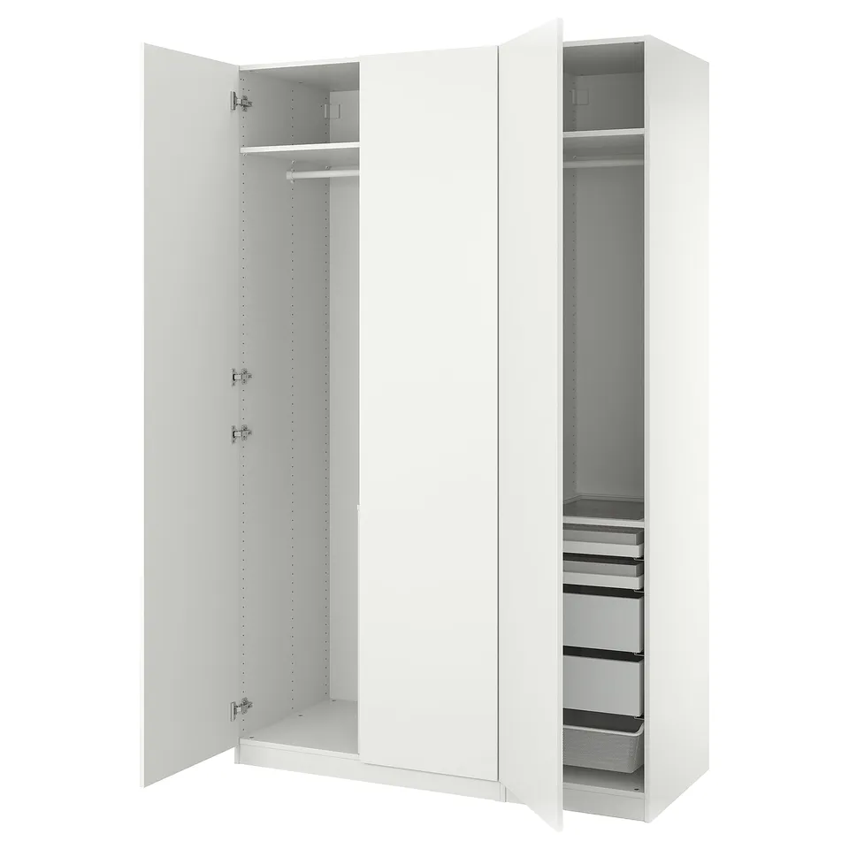 White PAX wardrobe with open sections, drawers, and shelves for minimalist clothing organisation.