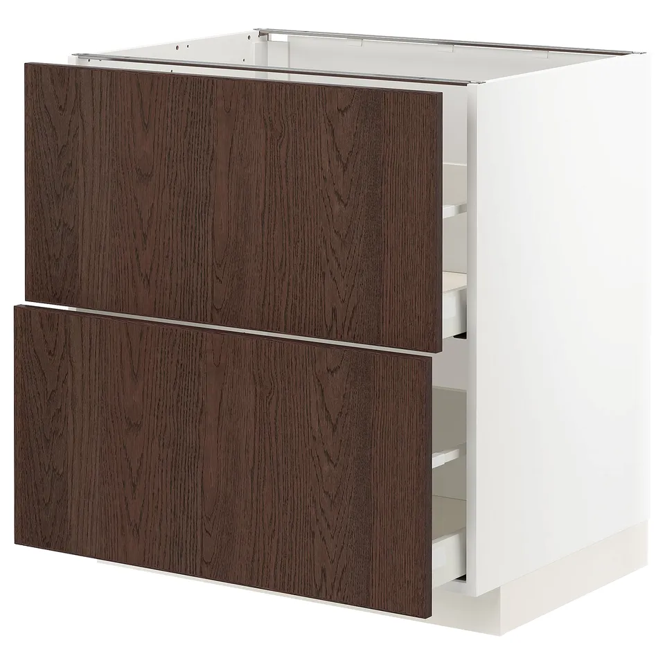Modern kitchen cabinet: METOD, dark brown, wood grain, rectangular with two drawers, sleek white sides.