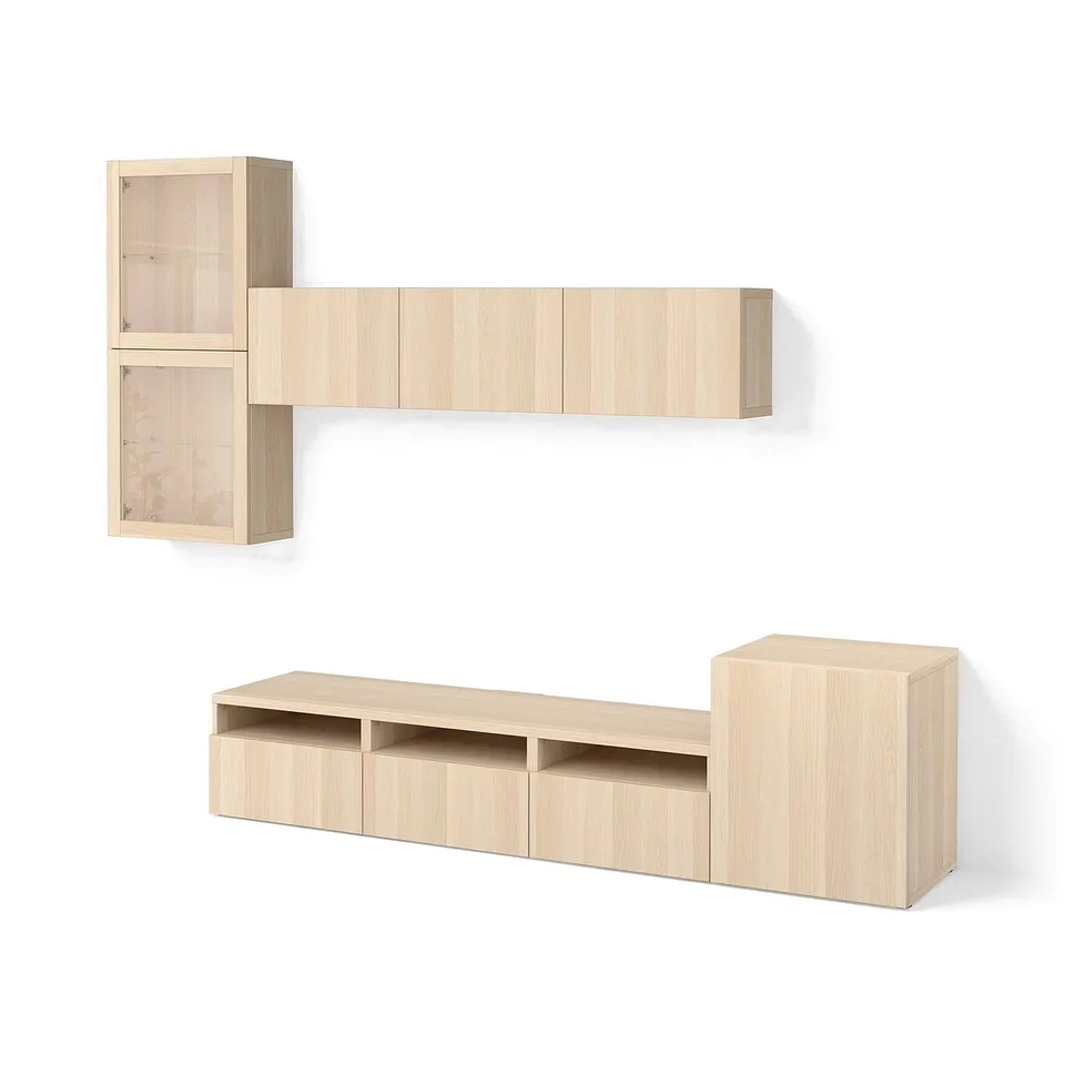 BESTÅ TV storage combination/glass doors, white stained oak effect/Lappviken white stained oak eff clear glass, 300x42x211 cm