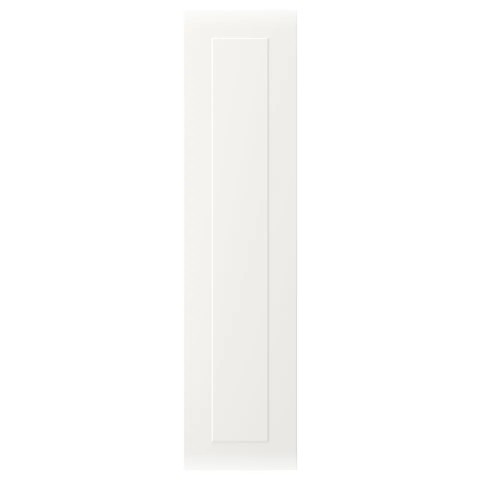 This is a white STENSUND cabinet door with a sleek, framed design. It has grooved panels and a lacquered surface that repels moisture and stains.