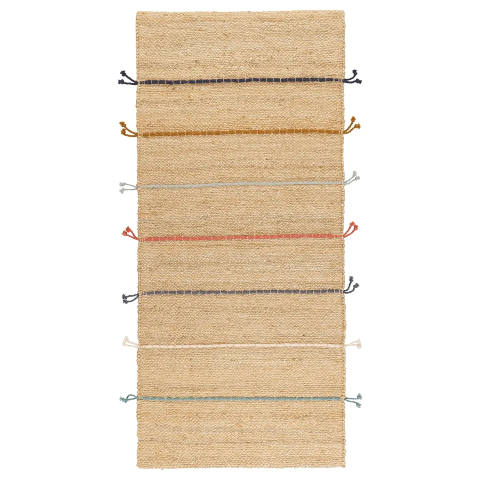 A handwoven RAKLEV rug with natural jute and colourful wool accents, rectangular shape, and multi-colored stripes.