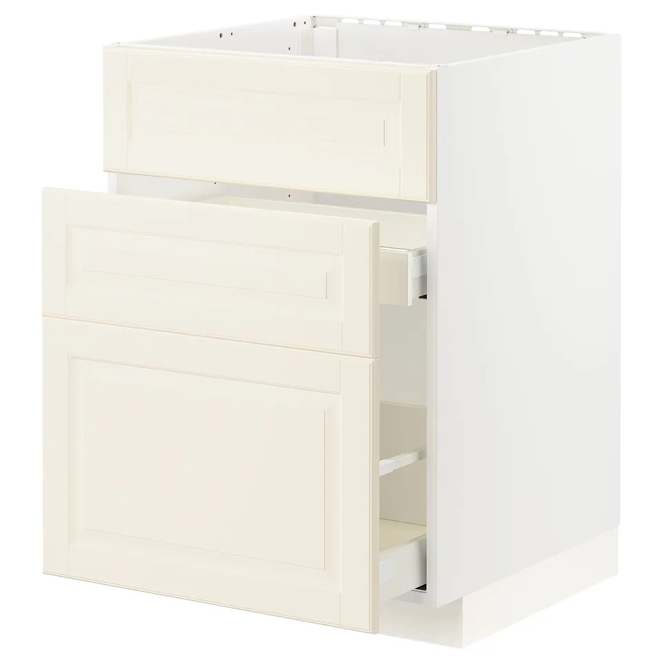 METOD kitchen cabinet in off-white with panel design and bevelled edges.