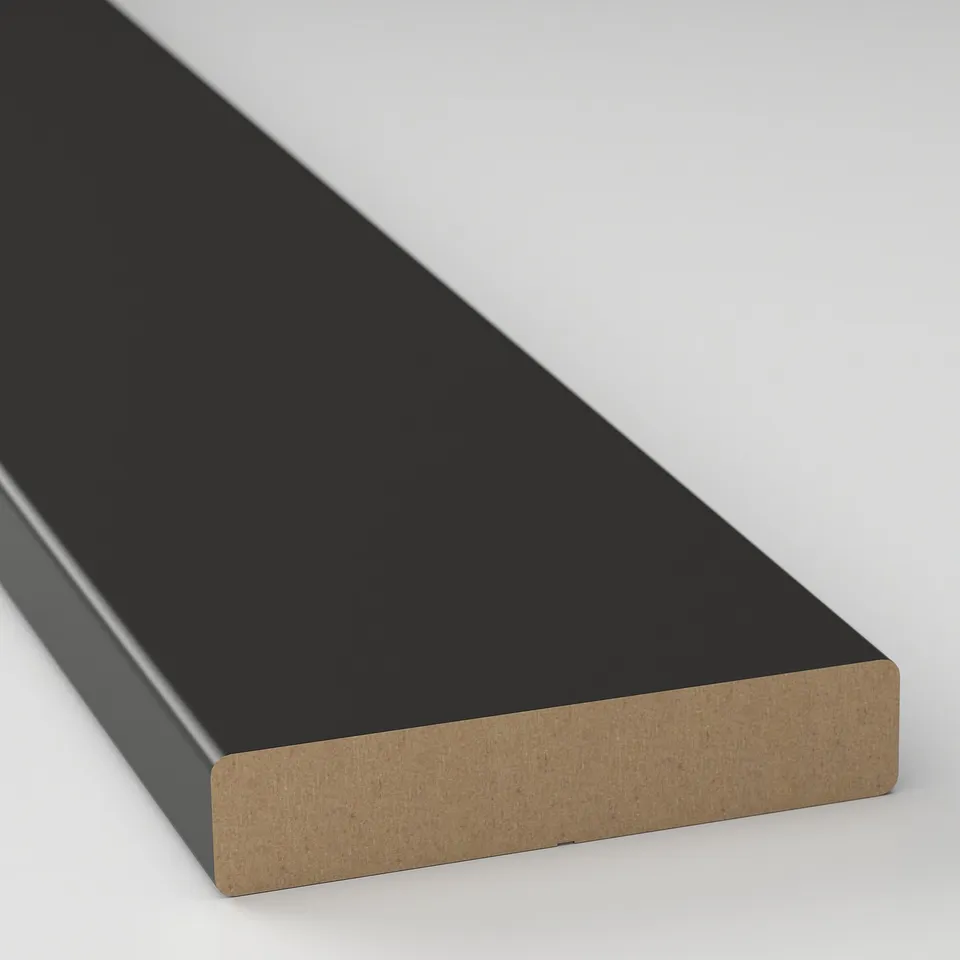 Black kitchen mat, plastic and wood base.