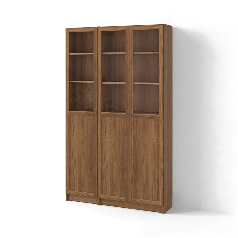 Wooden light brown bookcase with glass top panels; simple, sturdy design.