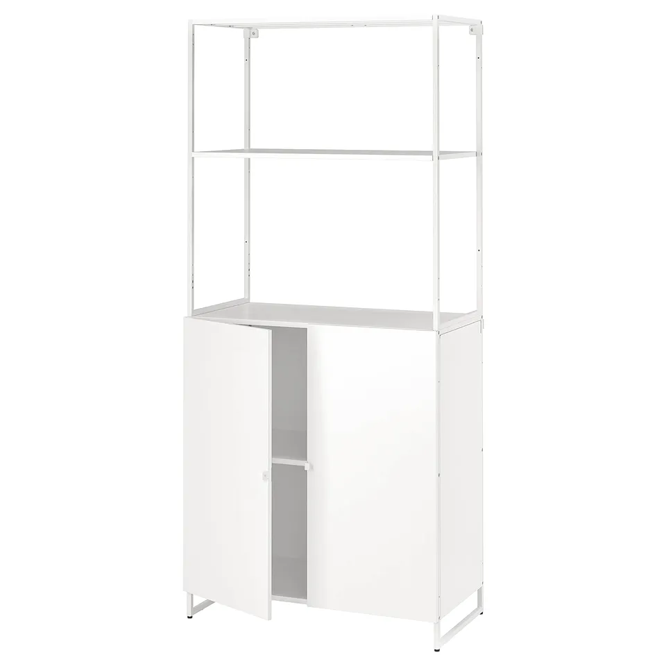 A white JOSTEIN metal shelving unit with three tiers. It a modern design ideal for humid areas.