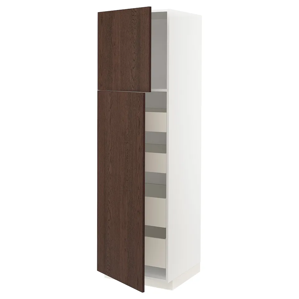 A tall white METOD cabinet with dark brown sinarp wooden doors. It has multiple shelves inside, useful for storage.