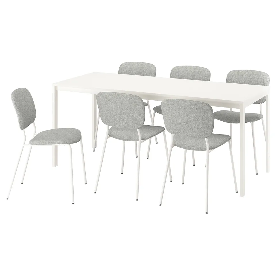 A VIHALS dining set with a white extendable table and four grey chairs. The chairs feature minimalist designs with padded backrests and seats.