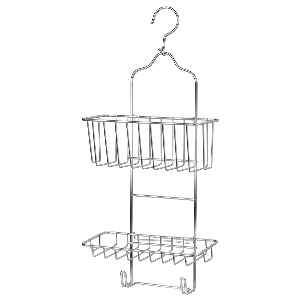 KROKFJORDEN: shower caddy, silver, 2 steel shelves, hooks for brushes, hangs on mixer or rail.
