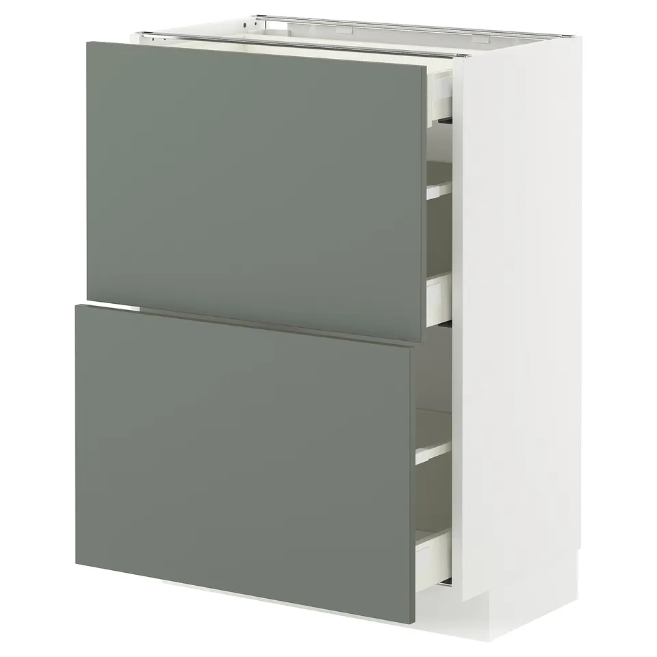 Modern kitchen cabinet, white with teal drawers, sleek design, has multiple drawers.