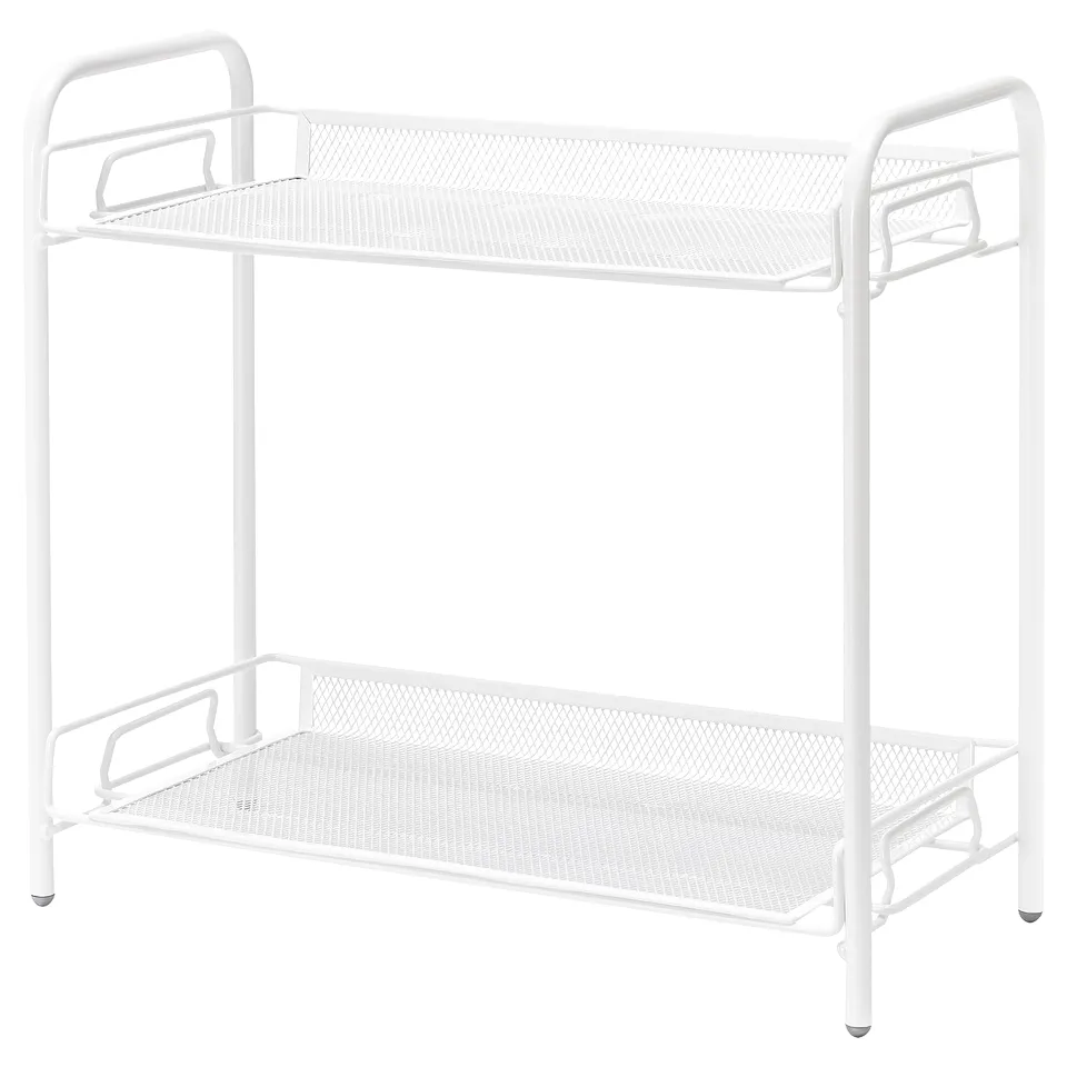 A white TEVALEN metal storage rack with two mesh shelves, designed for bathrooms or kitchens. It a sturdy frame and open shelves for easy access.