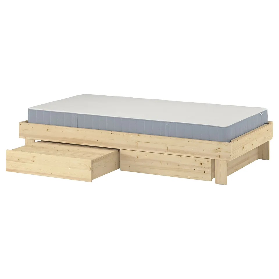 GLAMBERGET extendable bed with vesteröy mattress, light wood, rectangular, modern design.
