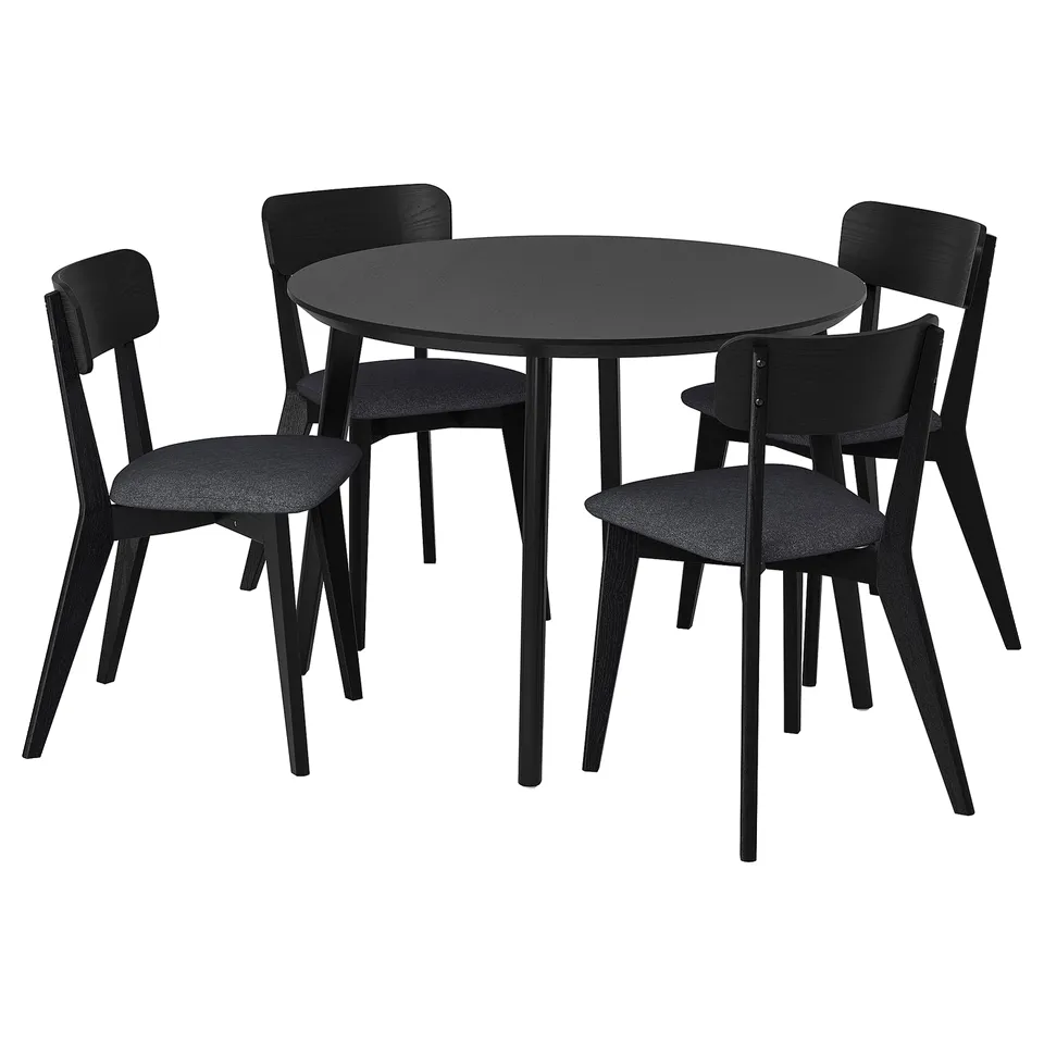Black circular dining table with four matching chairs, sleek modern design, wooden construction.