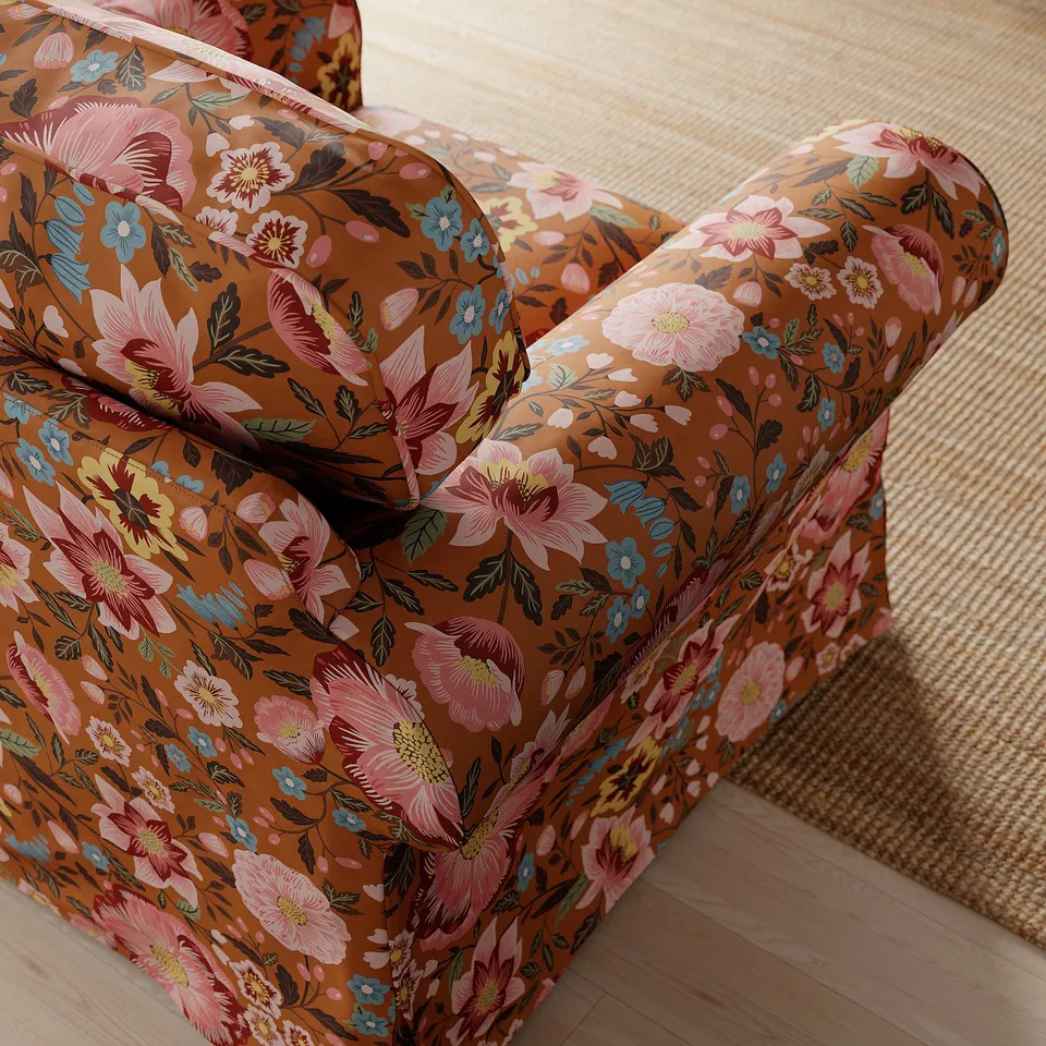EKTORP Armchair and footstool, Mångbyn brown/multicolour