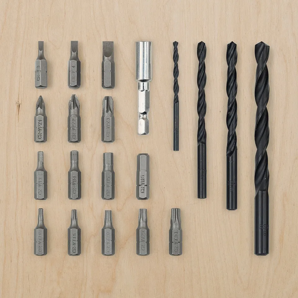 Various TRIXIG screwdrivers and drills on wood; silver and black tools, assorted shapes, neatly arranged.
