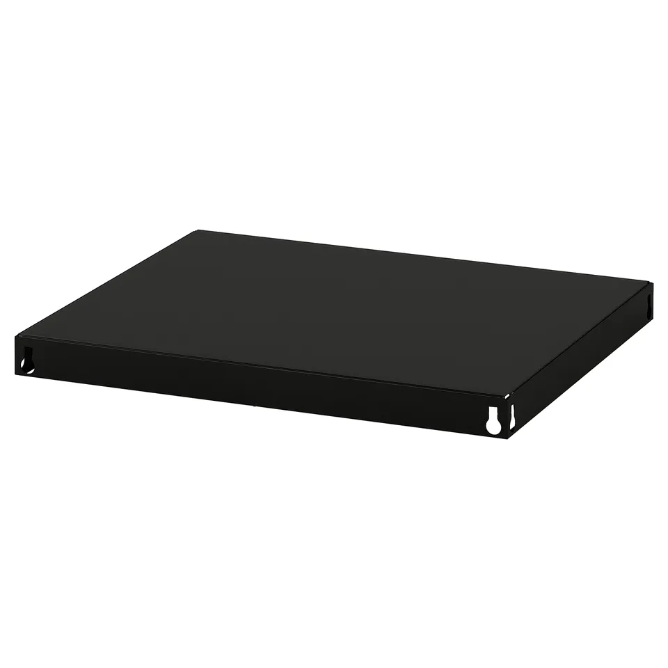 Black metal shelf with sleek, rectangular shape; strong, durable design.
