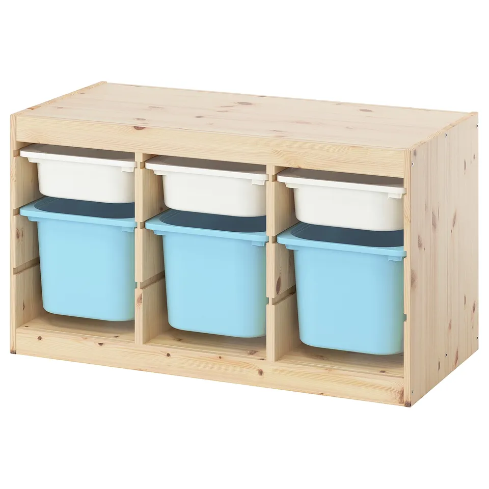 TROFAST Storage combination with boxes, light white stained pine white/light blue, 93x44x53 cm