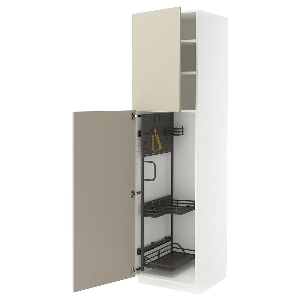 A beige METOD kitchen cabinet with one door open, revealing internal shelves and storage solutions.