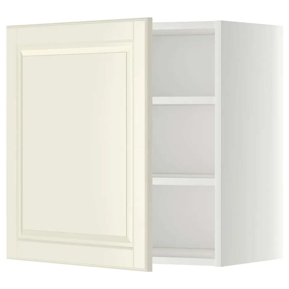 An off-white METOD kitchen wall cabinet with an open door, featuring adjustable shelves.