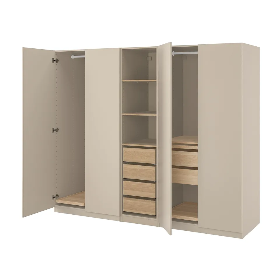 An open beige PAX wardrobe with shelves and drawers.