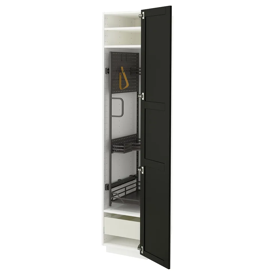 METOD black cabinet with shelves and hooks, sleek design.