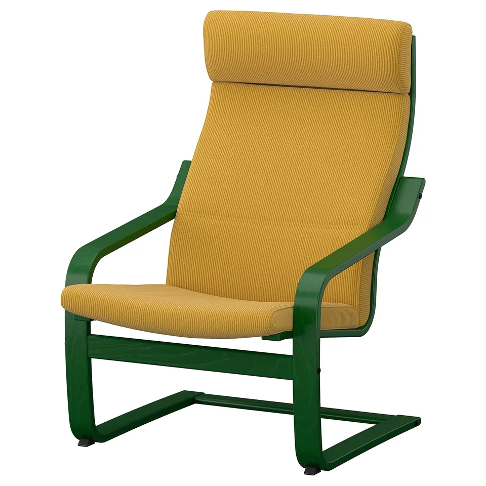 Mustard yellow IKEA POÄNG chair with green frame, cushioned seat & curved metal lines.