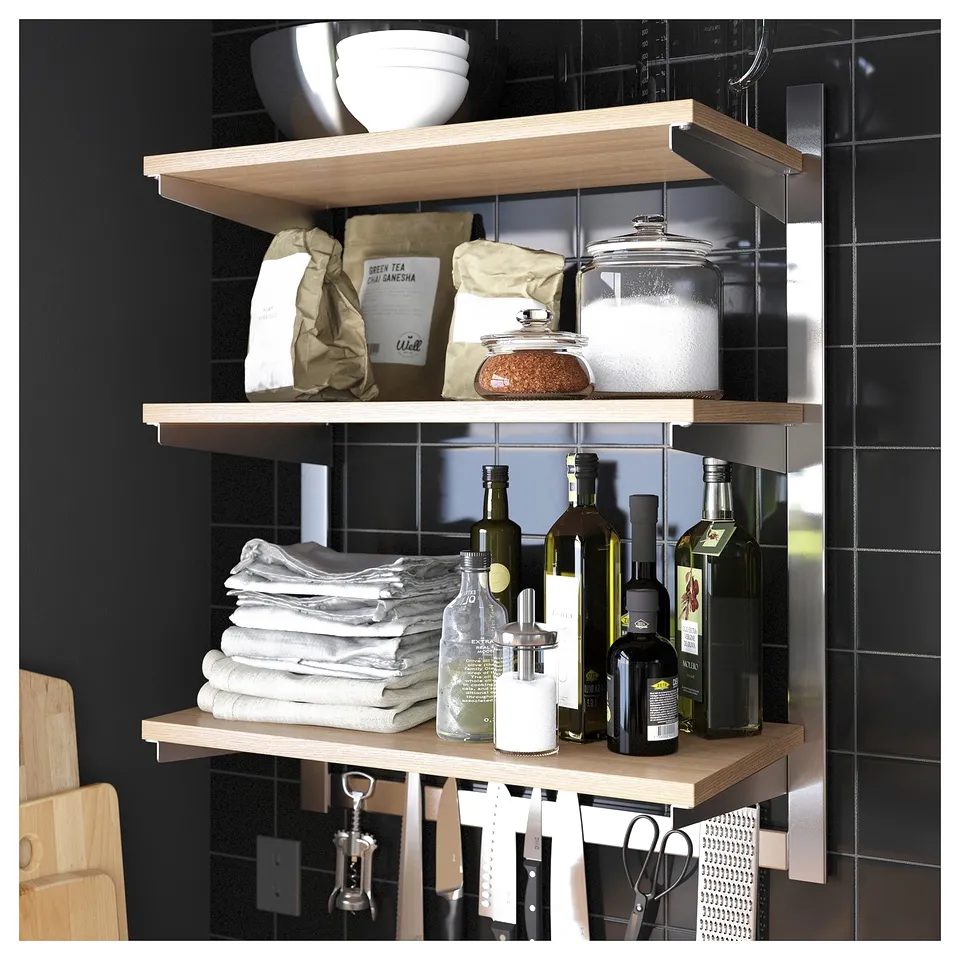 KUNGSFORS kitchen shelves with wooden and metallic elements, storing towels and bottles.