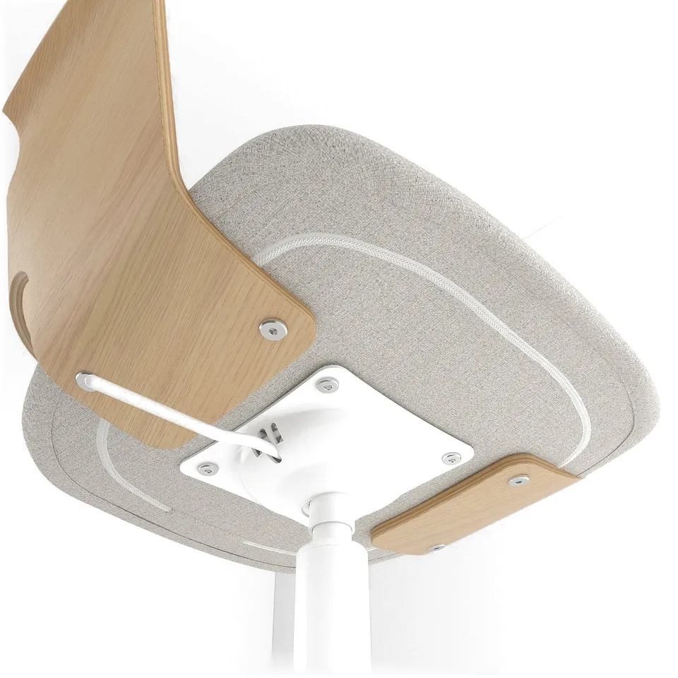 Modern chair with curved wooden back, light grey upholstered seat, and white metal base. Adjustable height, durable foam.