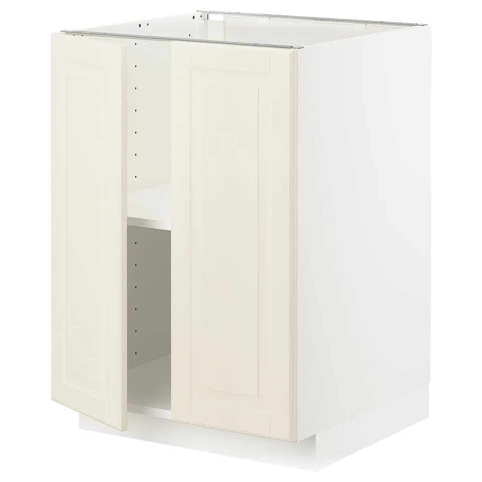 White METOD kitchen cabinet with off-white bodbyn door, square shape, classic design.