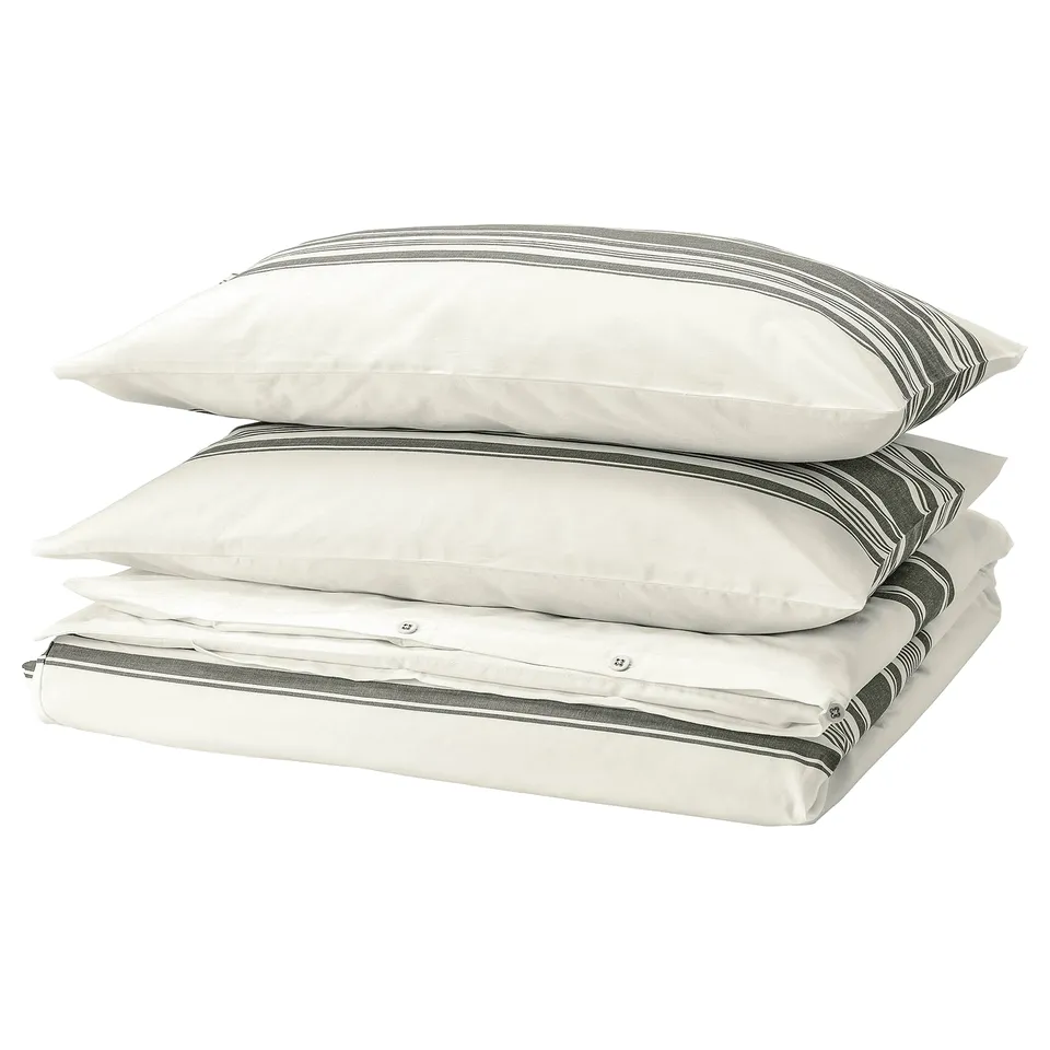 JÄTTEFRÄKEN bedding set, white with black stripes, cotton. Duvet cover and two pillowcases.